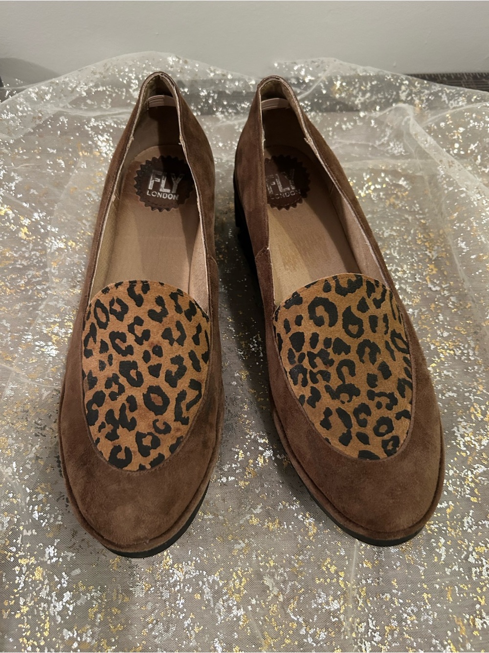 Fly London Brown Suede Loafers with Leopard Print Accent
